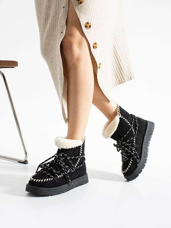 219851141-1S Kadın Yumuşak Rahat Kürklü Bot - Tekstil Süet Kışlık Siyah Bot