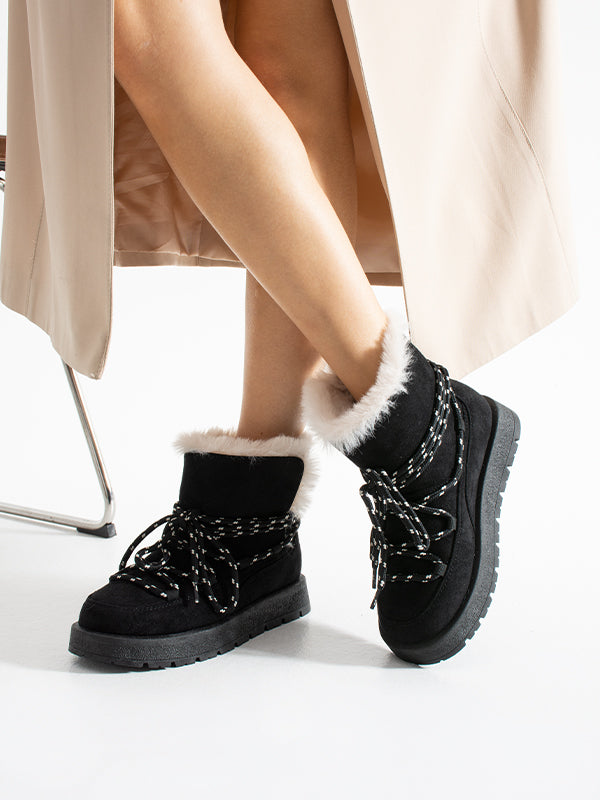 219851141-1 Kadın Yumuşak Rahat Kürklü Bot - Tekstil Süet Kışlık Siyah Bot