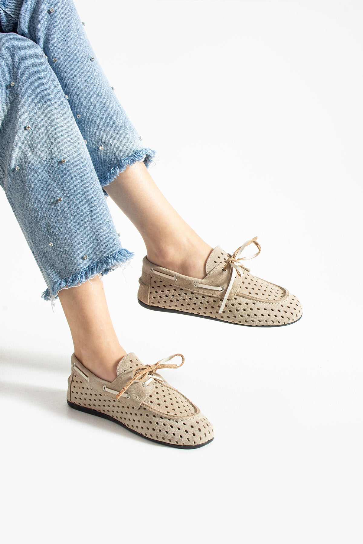 Dört Mevsim Deri Kadın Spor Loafer Ayakkabı-Bej