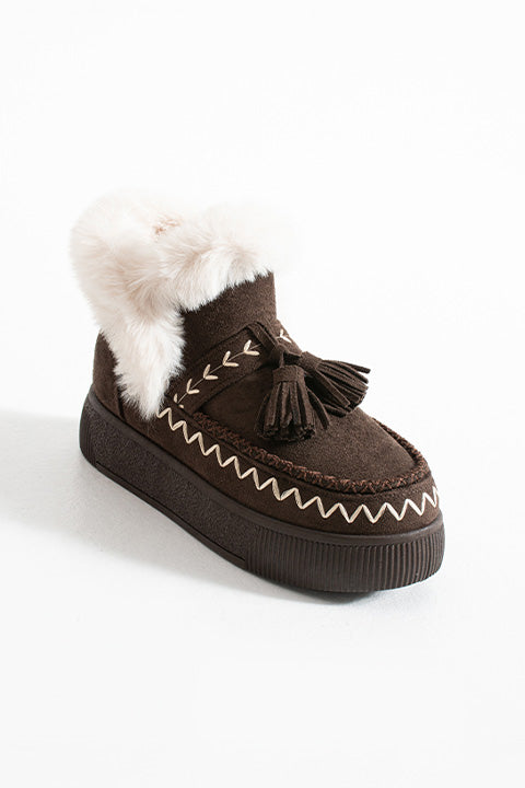 219851142-10P Kadın Yumuşak Rahat Kürklü Bot - Tekstil Süet Kışlık Kahve Bot