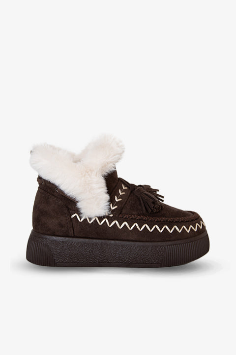 219851142-10P Kadın Yumuşak Rahat Kürklü Bot - Tekstil Süet Kışlık Kahve Bot