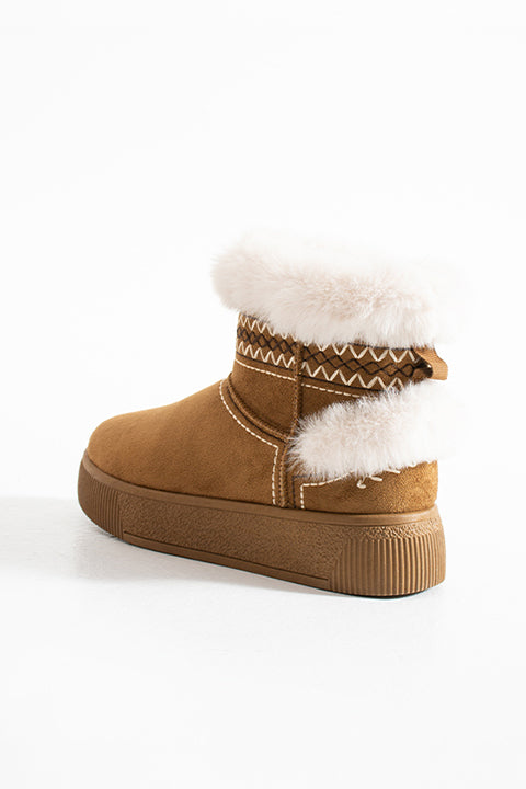 219851142-11 Kadın Yumuşak Rahat Kürklü Bot - Tekstil Süet Kışlık Taba Bot