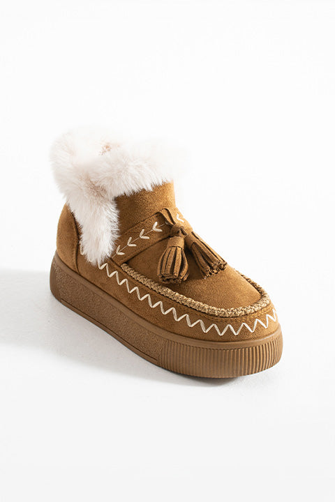 219851142-11P Kadın Yumuşak Rahat Kürklü Bot - Tekstil Süet Kışlık Taba Bot