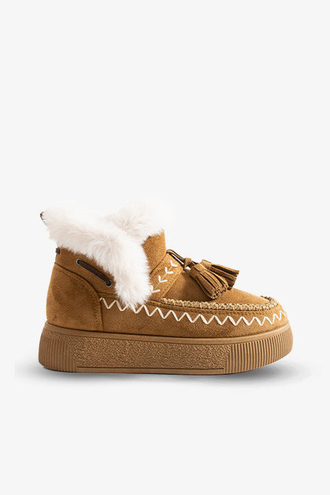 219851142-11P Kadın Yumuşak Rahat Kürklü Bot - Tekstil Süet Kışlık Taba Bot