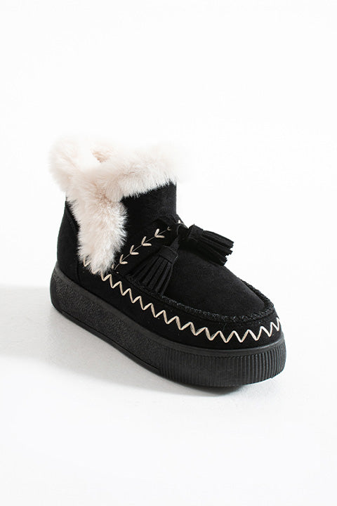 219851142-1P Kadın Yumuşak Rahat Kürklü Bot - Tekstil Süet Kışlık Siyah Bot