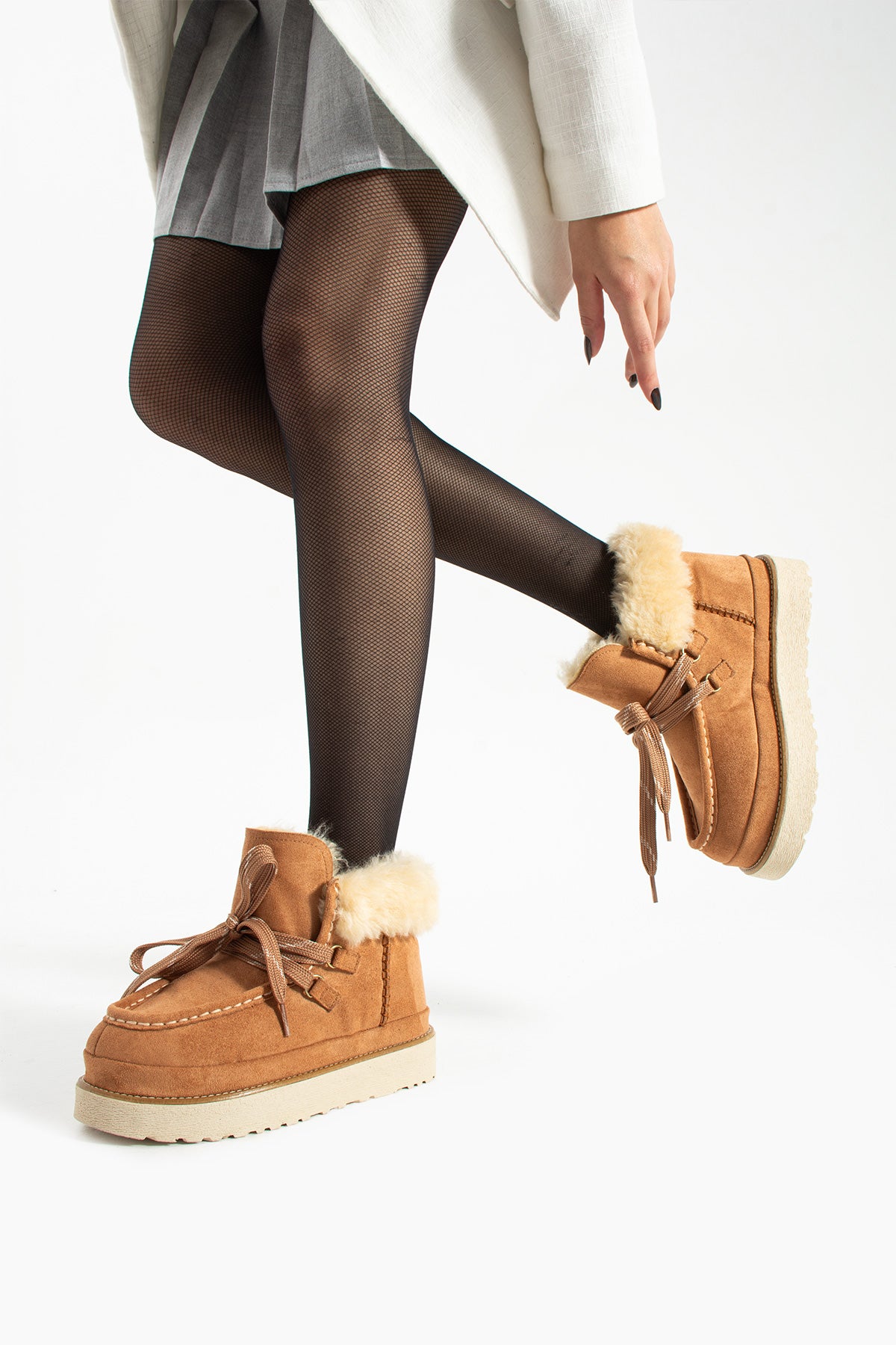 Kadın Taba Süet Yumuşak Deri, Kürklü Kışlık Bağcıklı Bot