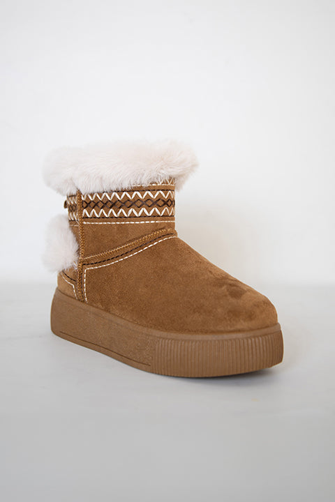 219851142-11 Kadın Yumuşak Rahat Kürklü Bot - Tekstil Süet Kışlık Taba Bot
