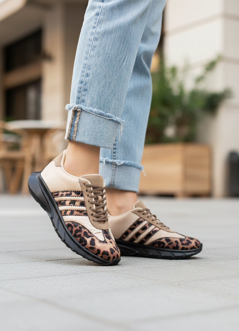 Kadın Comfort Spor Ayakkabı Bej Leopar Desenli