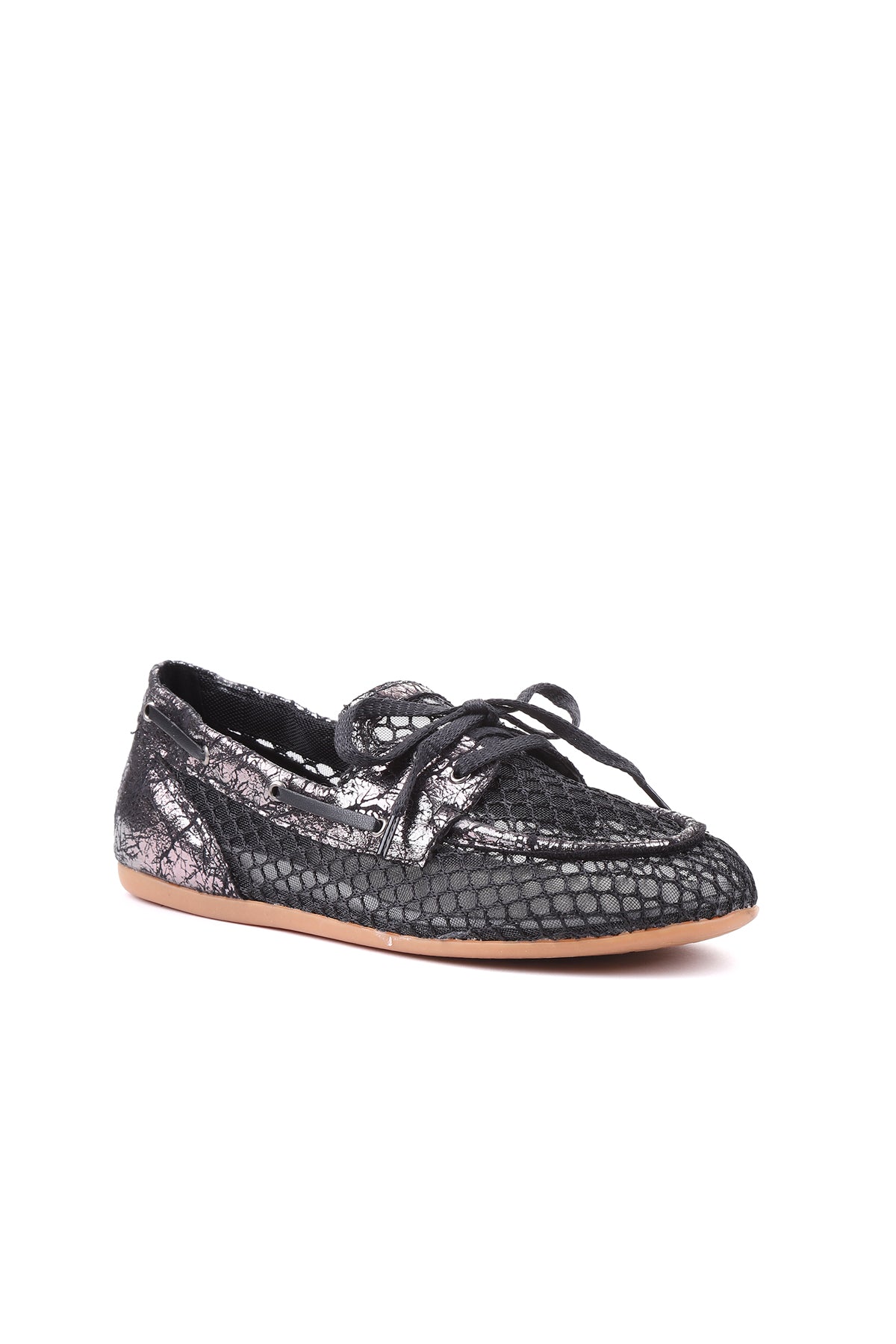 Siyah bağcıklı kadın loafer STATO Como yakın çekim