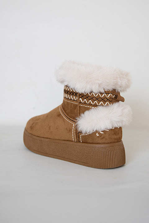 219851142-11 Kadın Yumuşak Rahat Kürklü Bot - Tekstil Süet Kışlık Taba Bot