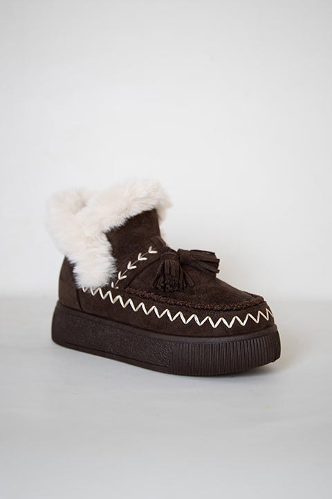 219851142-10P Kadın Yumuşak Rahat Kürklü Bot - Tekstil Süet Kışlık Kahve Bot