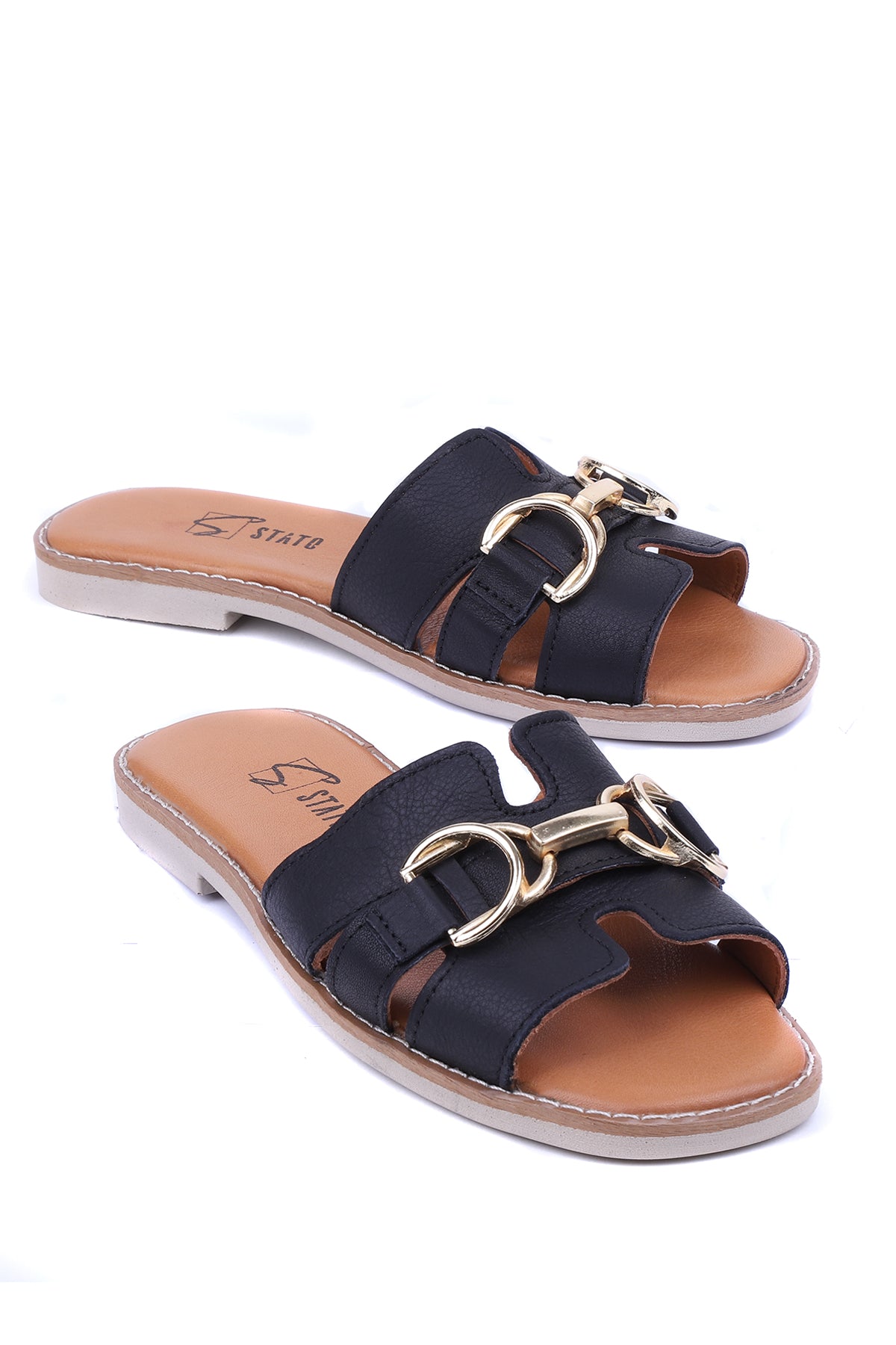 Stato Suzy- Hakiki Deri Gold Tokalı Kadın Terlik  Yazlık Günlük Rahat Düz Taban