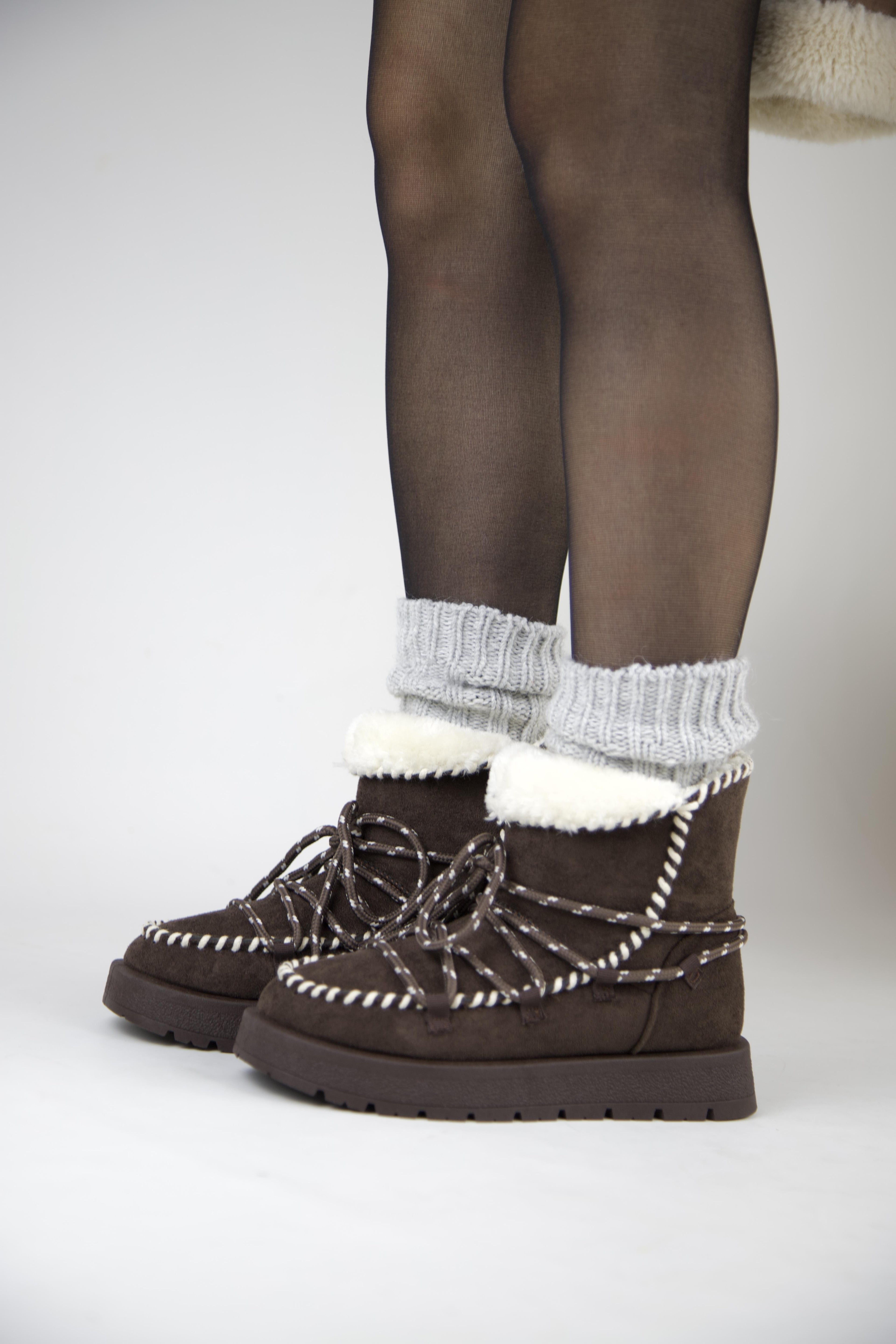 219851141-10S Kadın Yumuşak Rahat Kürklü Bot - Tekstil Süet Kışlık Kahve Bot