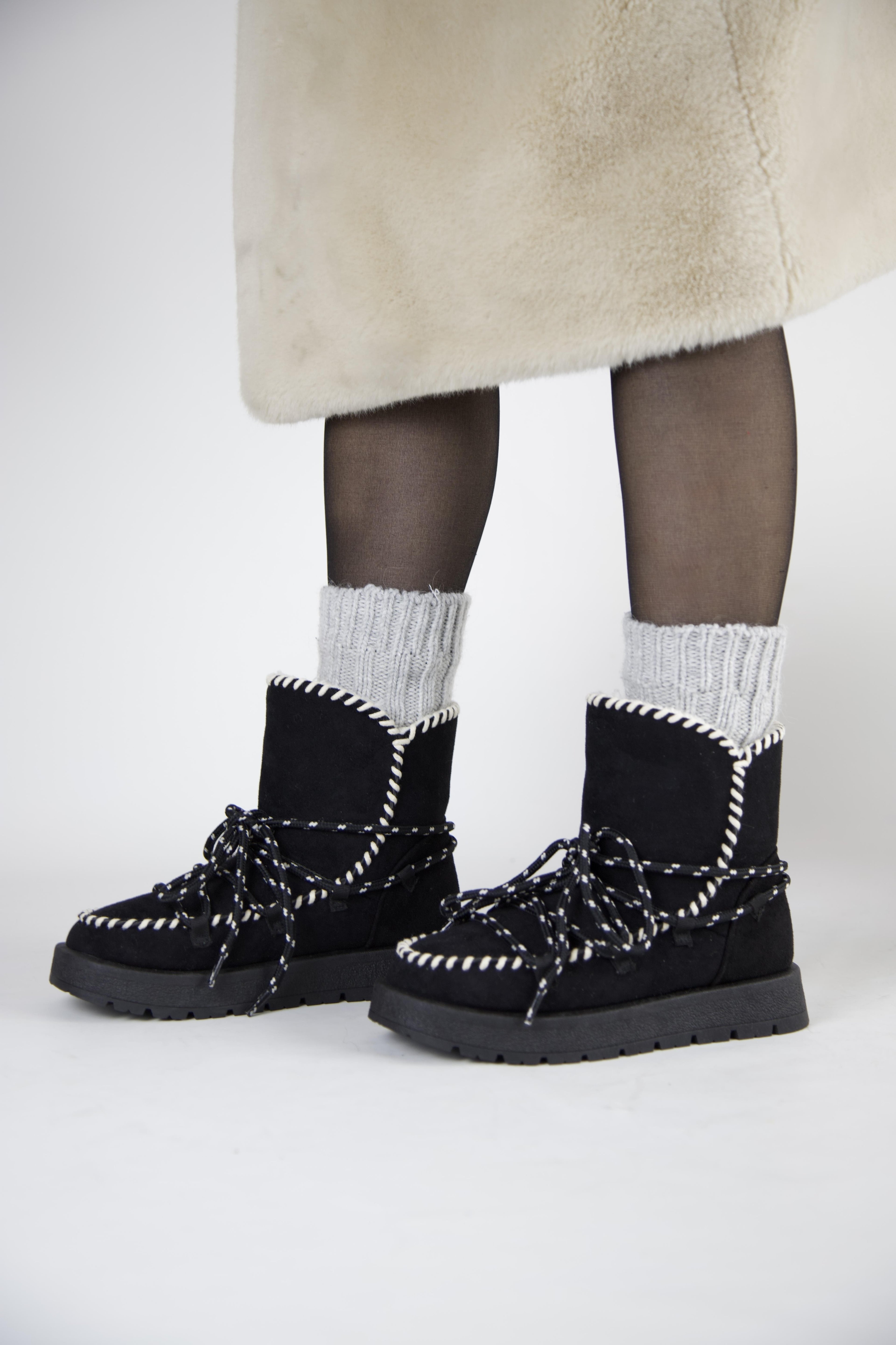 219851141-1S Kadın Yumuşak Rahat Kürklü Bot - Tekstil Süet Kışlık Siyah Bot