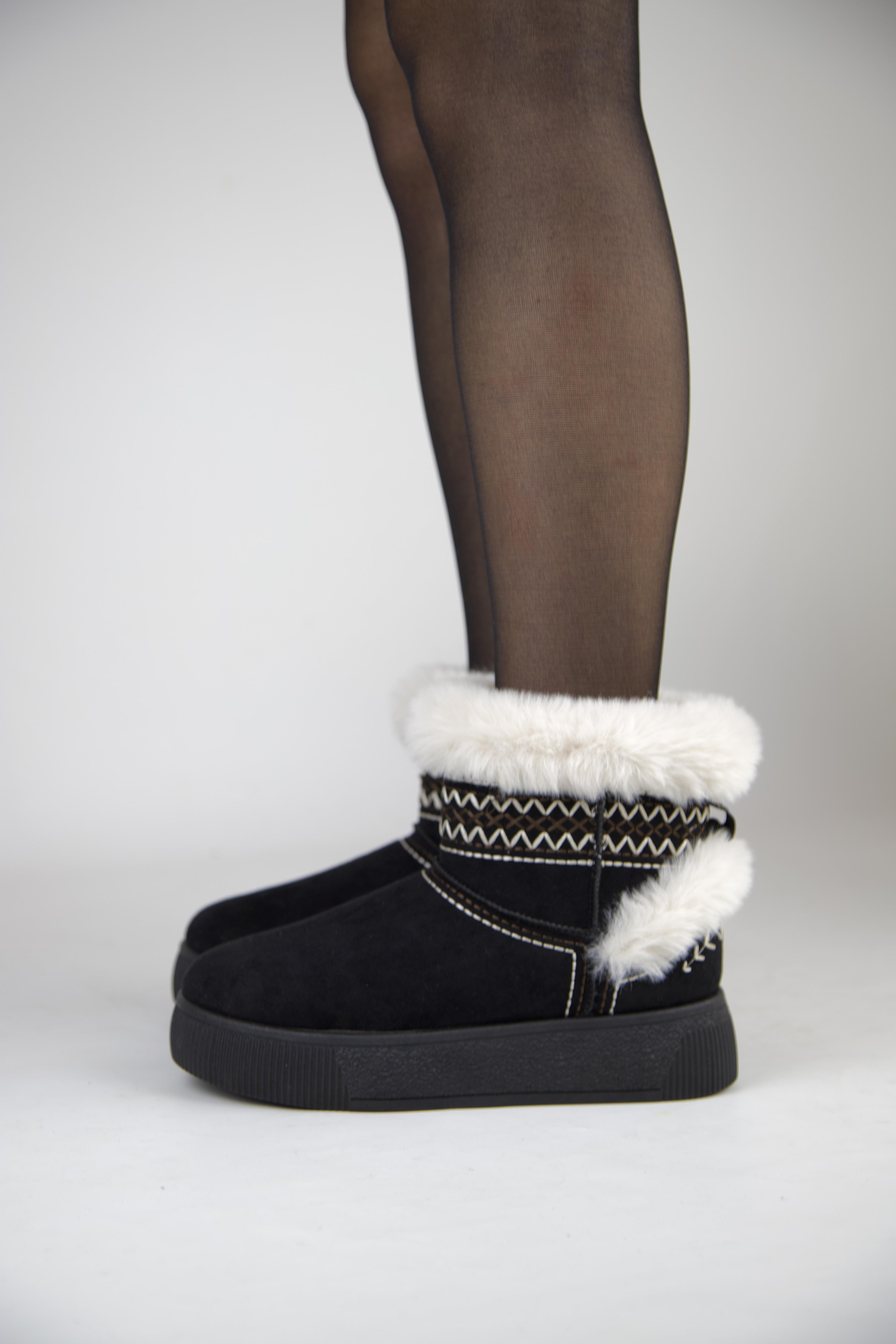 219851142-1 Kadın Yumuşak Rahat Kürklü Bot - Tekstil Süet Kışlık Siyah Bot