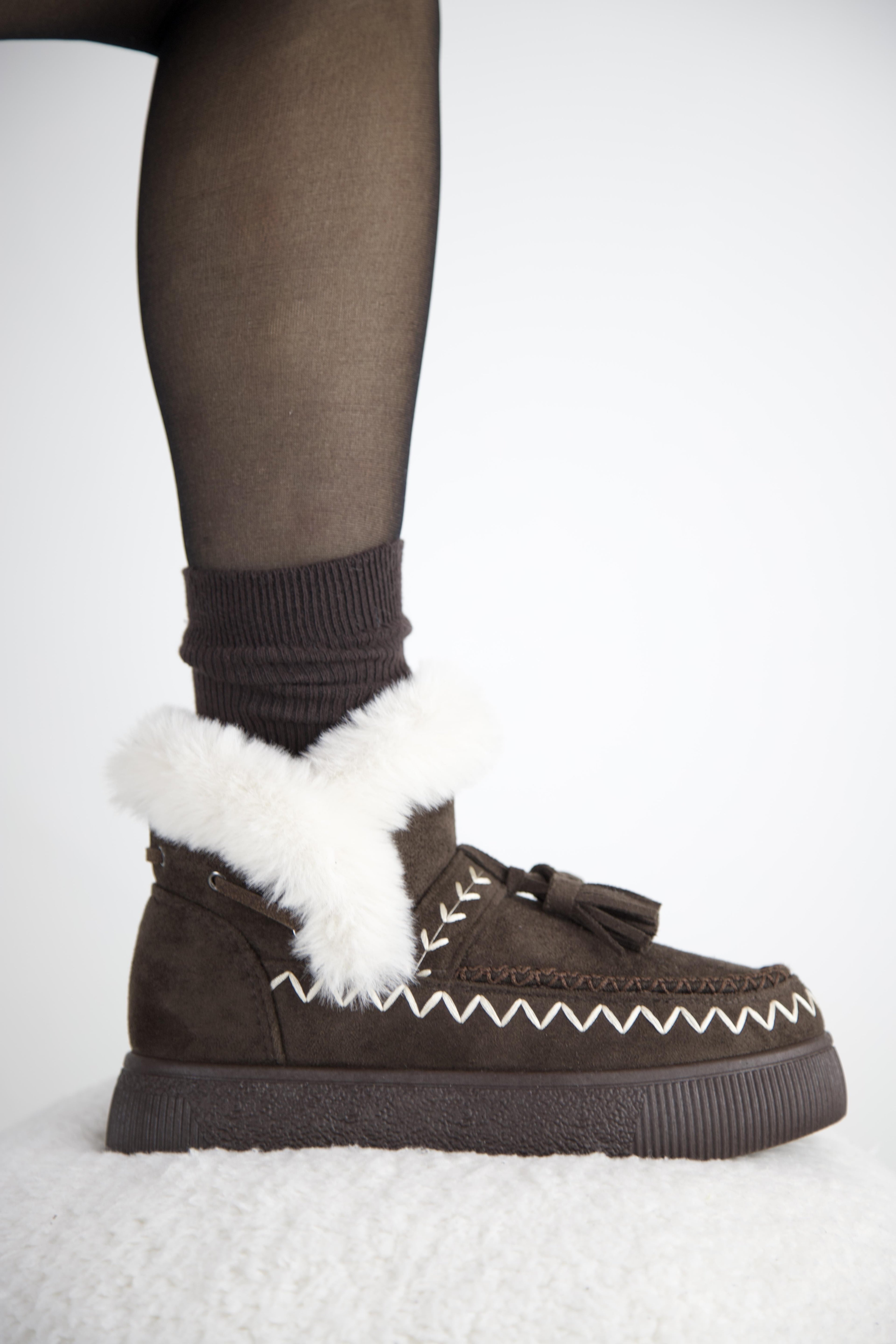 219851142-10P Kadın Yumuşak Rahat Kürklü Bot - Tekstil Süet Kışlık Kahve Bot