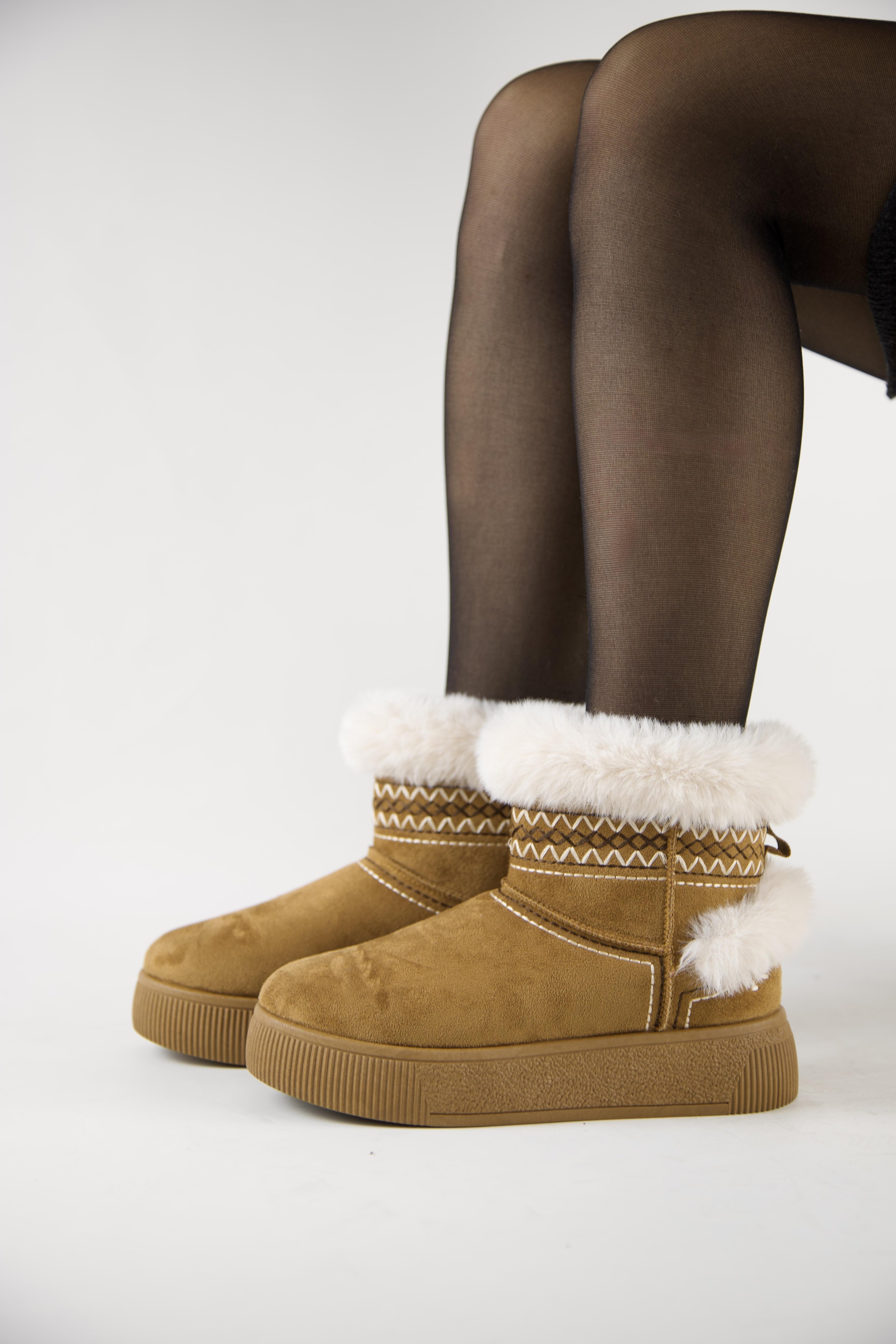 219851142-11 Kadın Yumuşak Rahat Kürklü Bot - Tekstil Süet Kışlık Taba Bot