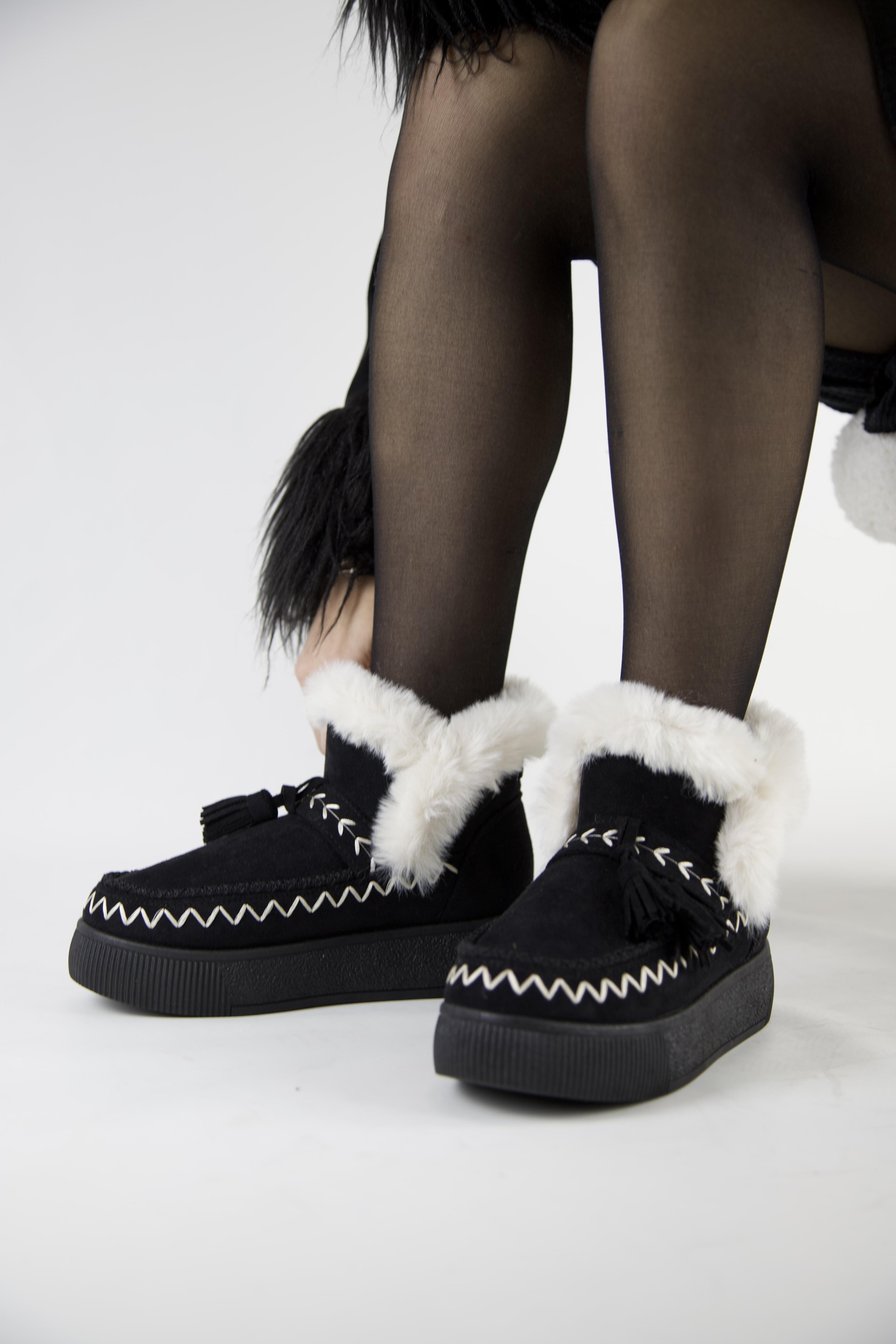 219851142-1P Kadın Yumuşak Rahat Kürklü Bot - Tekstil Süet Kışlık Siyah Bot