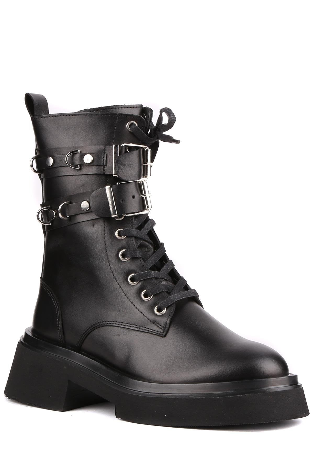 Stato - Siyah Hakiki Deri Fermuarlı Kadın Postal Bot