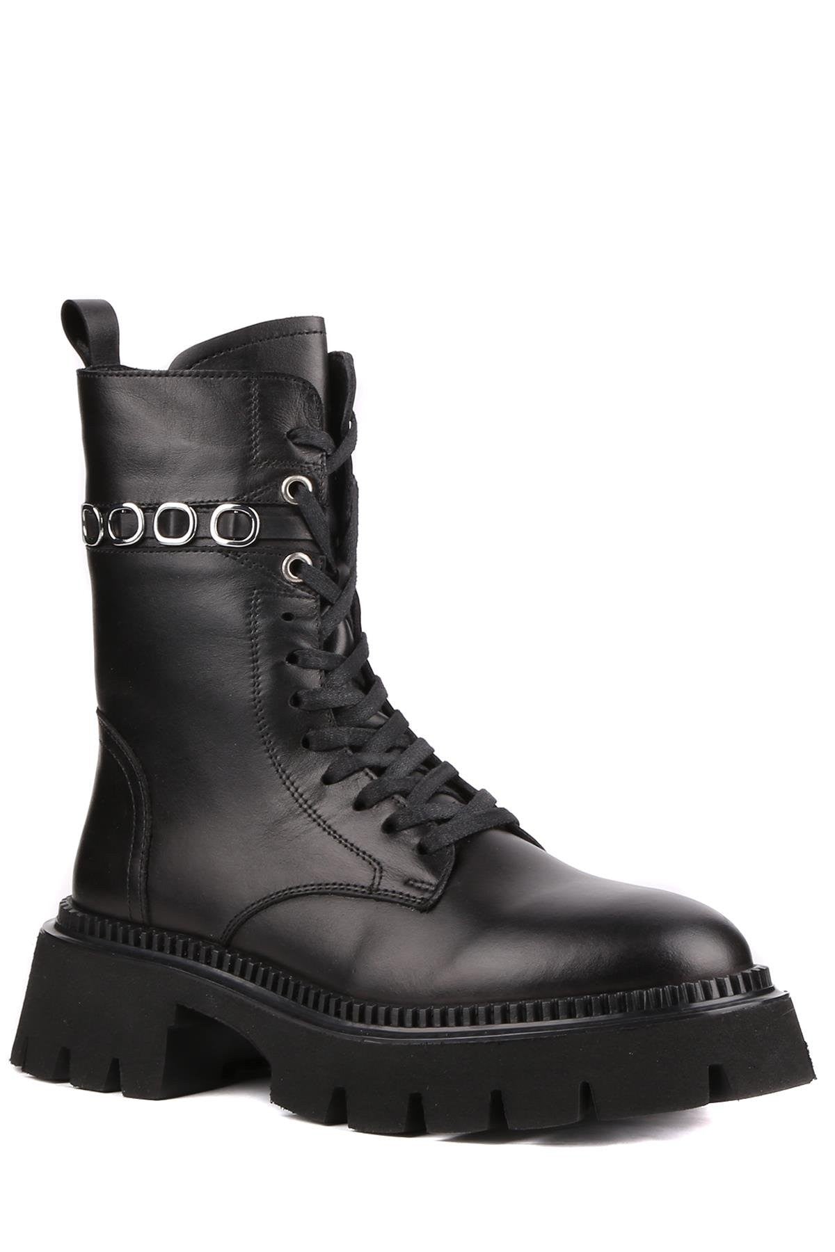 Stato - Siyah Hakiki Deri Fermuarlı Kadın Postal Bot