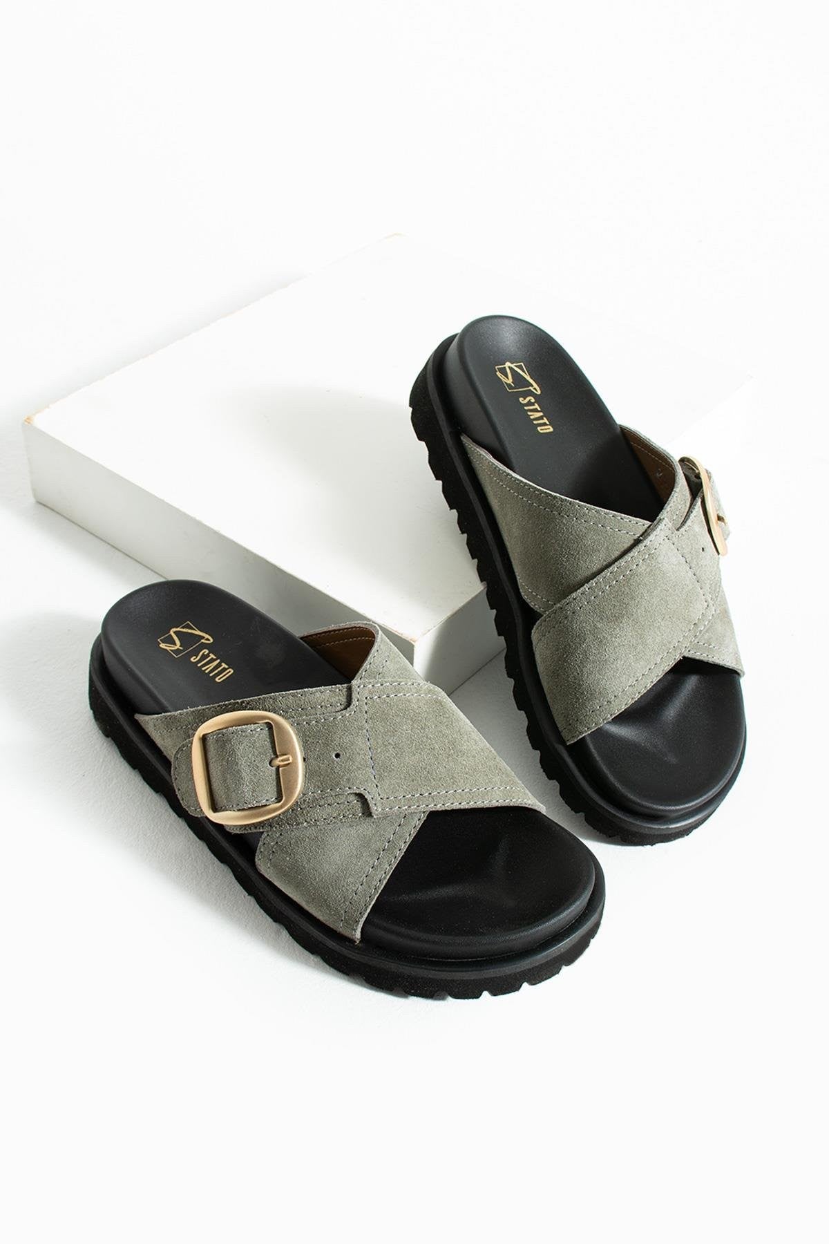 Stato Hakiki-Süet Deri Hafif Comfort Kadın Haki Terlik 25Y-1484