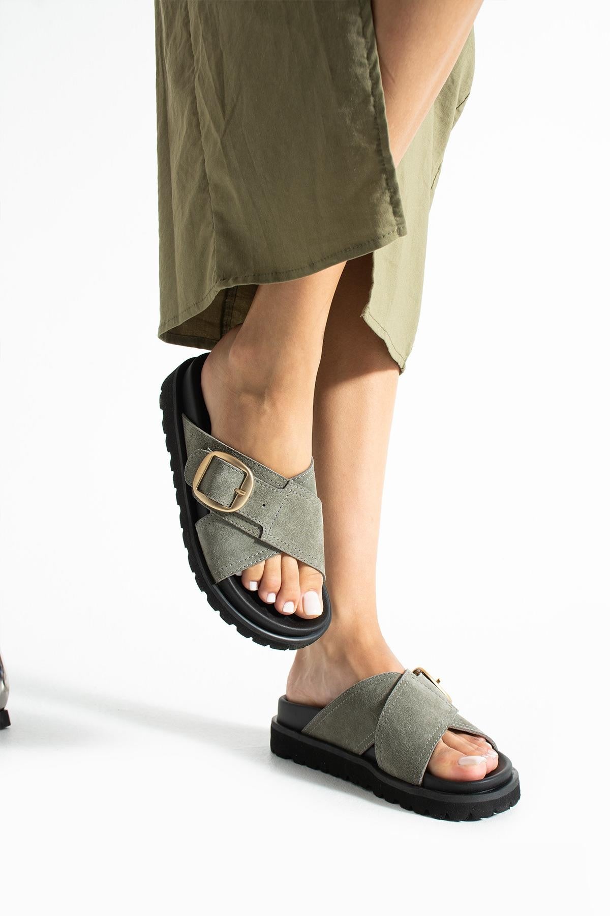 Stato Hakiki-Süet Deri Hafif Comfort Kadın Haki Terlik 25Y-1484