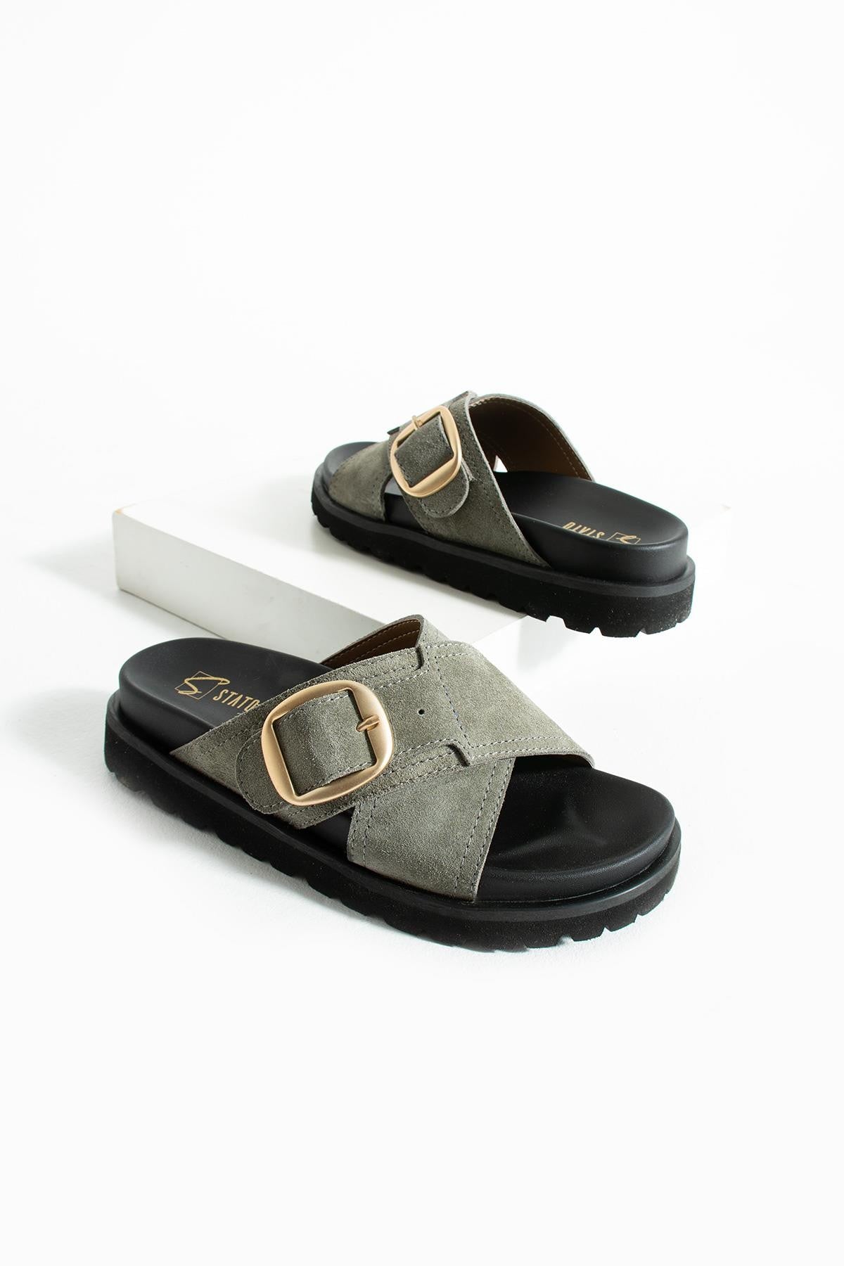 Stato Hakiki-Süet Deri Hafif Comfort Kadın Haki Terlik 25Y-1484