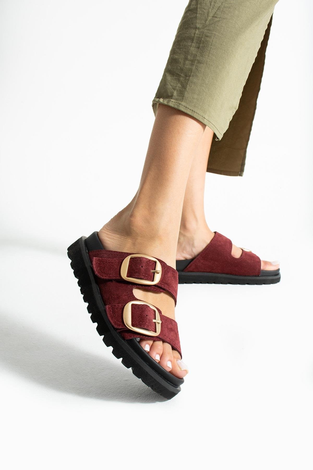Stato Hakiki-Süet Deri Hafif Comfort Kadın Bordo Terlik 25Y-1478