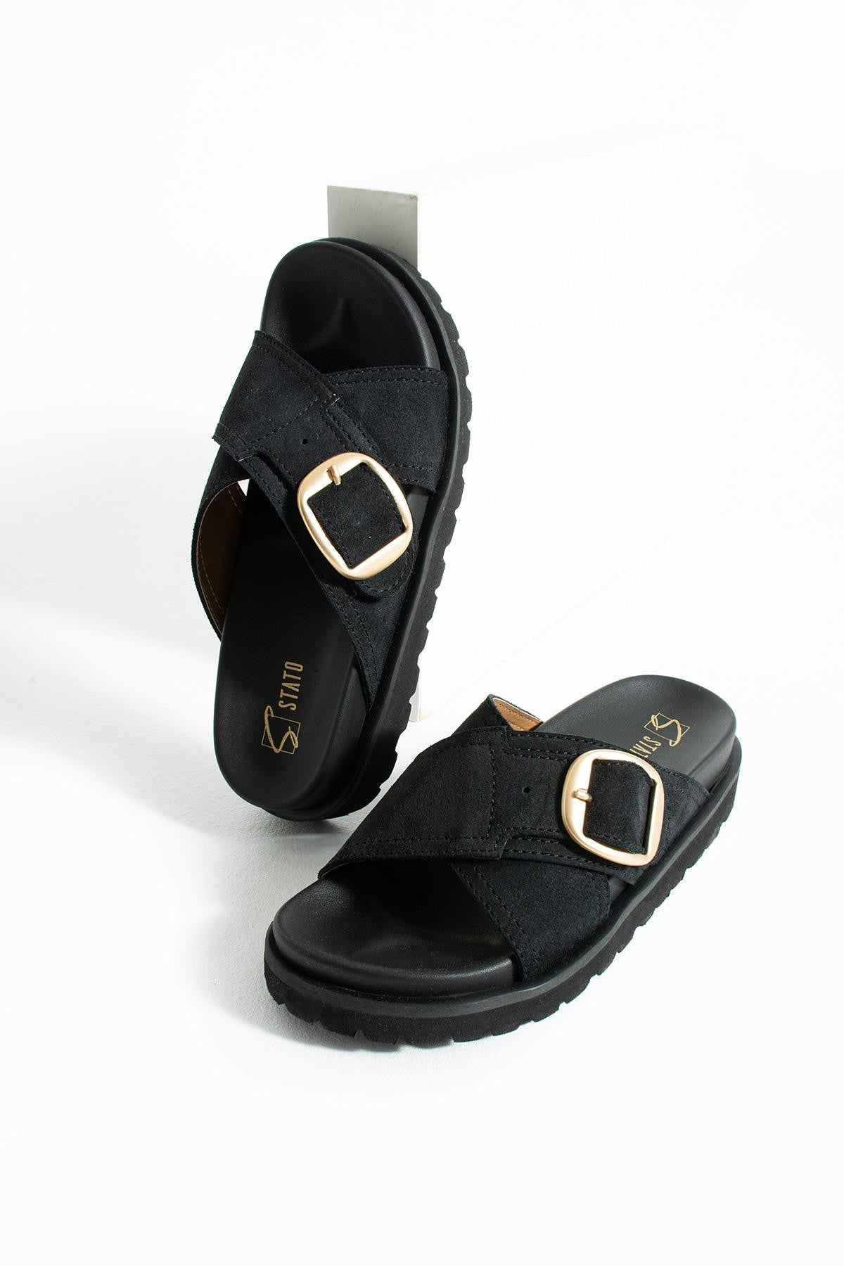 Stato Hakiki-Süet Deri Hafif Comfort Kadın Siyah Terlik 25Y-1482