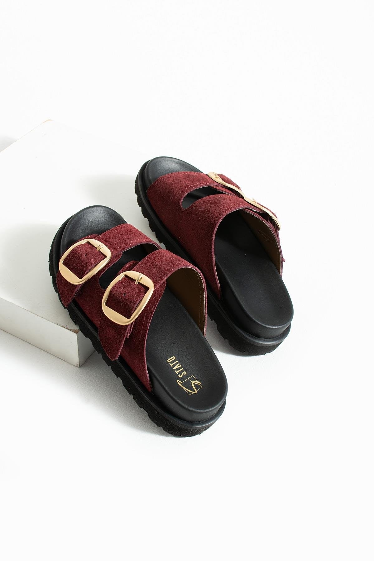 Stato Hakiki-Süet Deri Hafif Comfort Kadın Bordo Terlik 25Y-1478