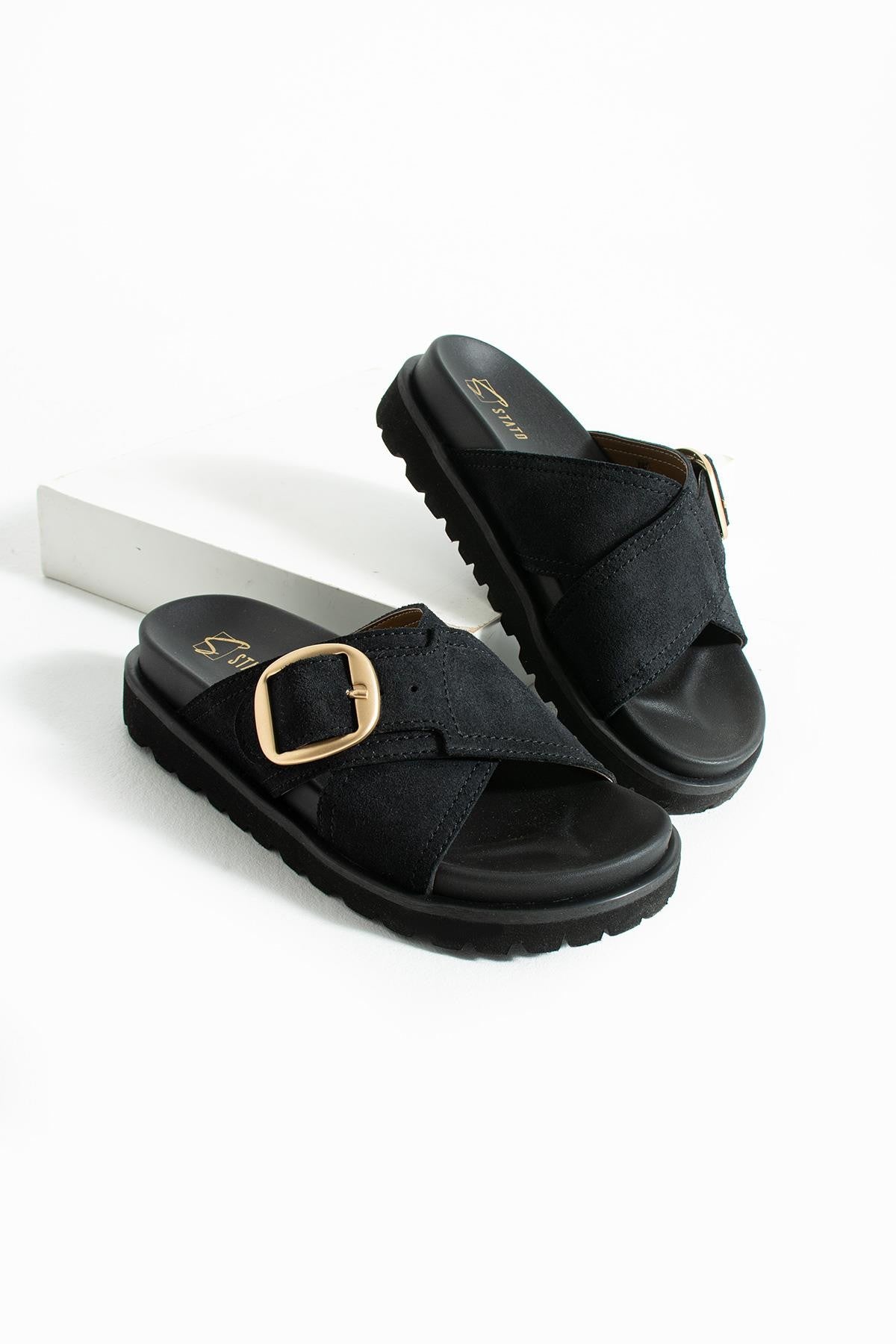 Stato Hakiki-Süet Deri Hafif Comfort Kadın Siyah Terlik 25Y-1482