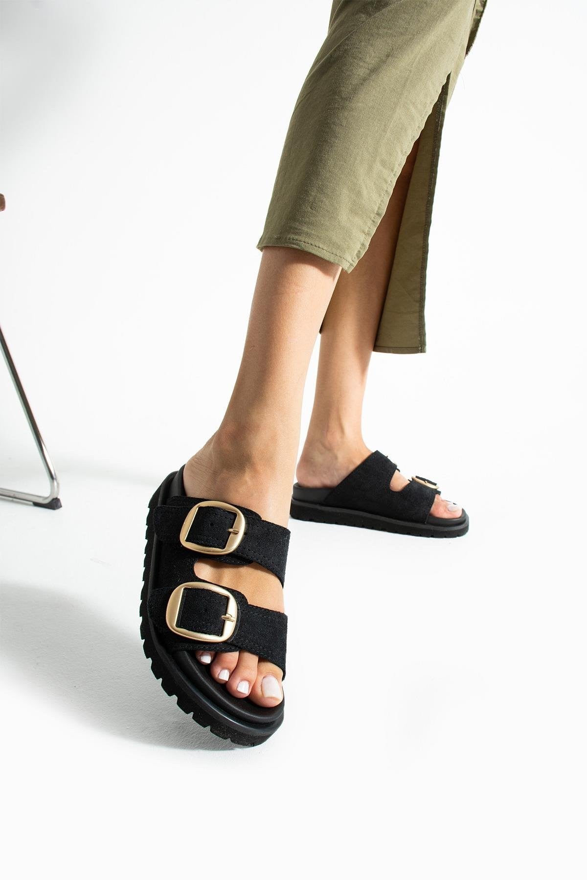 Stato Hakiki-Süet Deri Hafif Comfort Siyah Kadın Terlik 25Y-1479