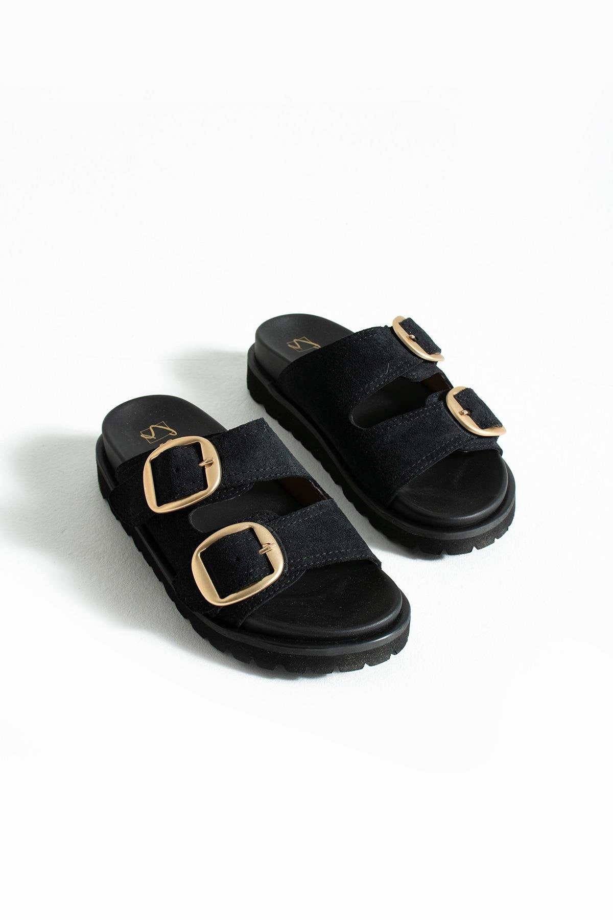 Stato Hakiki-Süet Deri Hafif Comfort Siyah Kadın Terlik 25Y-1479