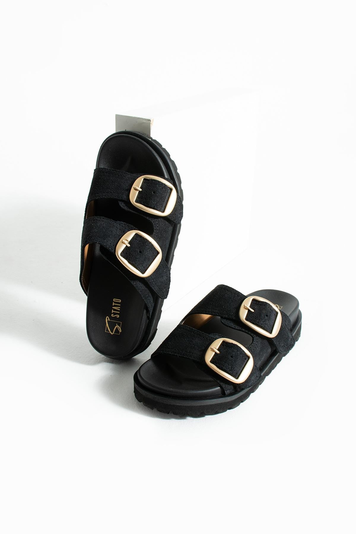 Stato Hakiki-Süet Deri Hafif Comfort Siyah Kadın Terlik 25Y-1479