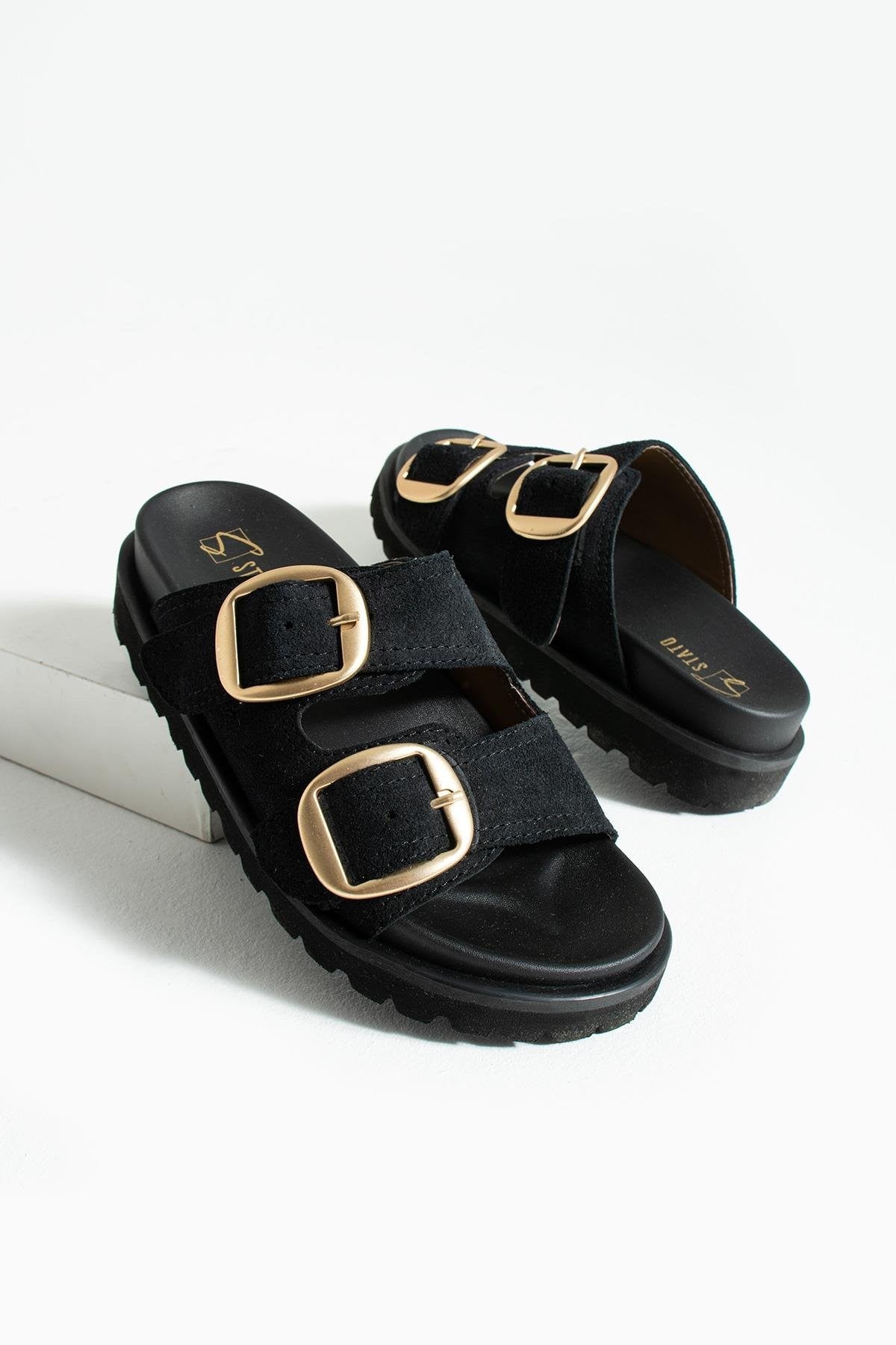 Stato Hakiki-Süet Deri Hafif Comfort Siyah Kadın Terlik 25Y-1479