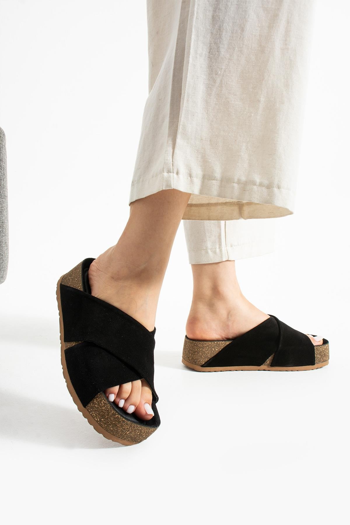 Stato Kalın Taban Kadın Hakiki-Süet Deri Terlik Siyah