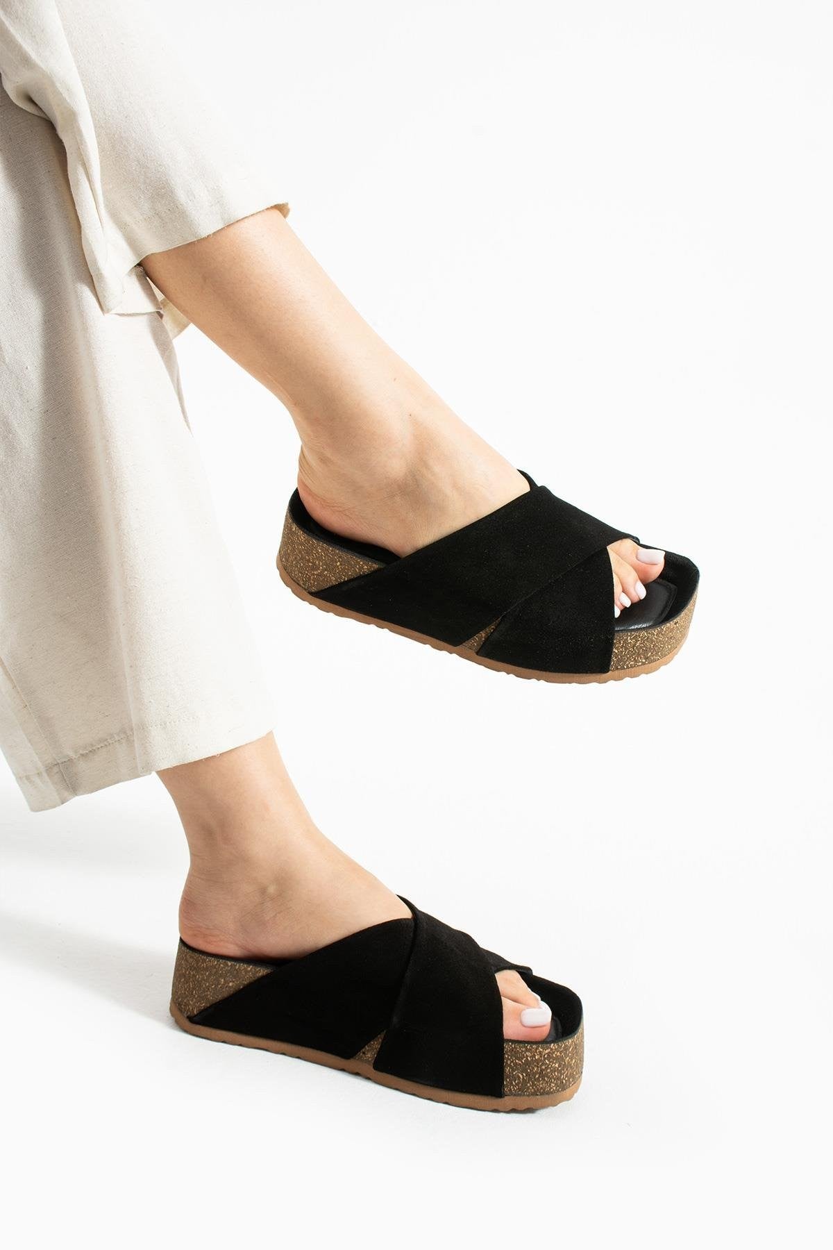 Stato Kalın Taban Kadın Hakiki-Süet Deri Terlik Siyah