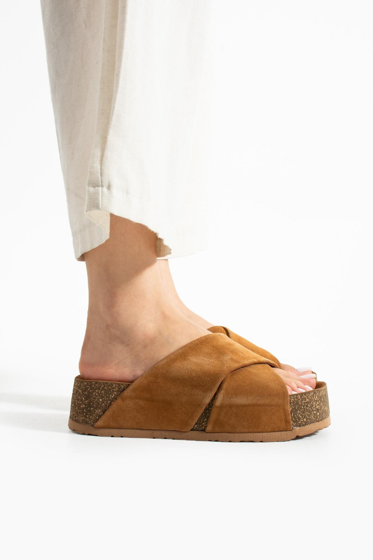 Stato Kalın Taban Kadın Hakiki-Süet Deri Terlik Taba