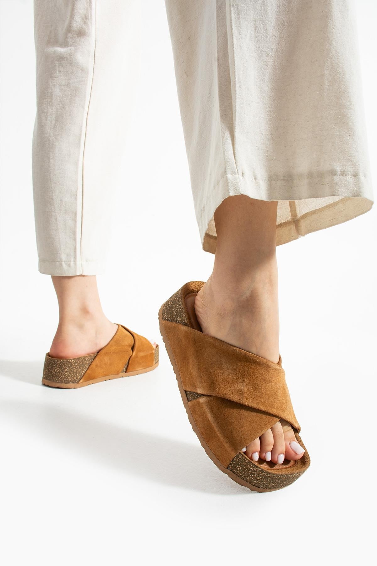 Stato Kalın Taban Kadın Hakiki-Süet Deri Terlik Taba