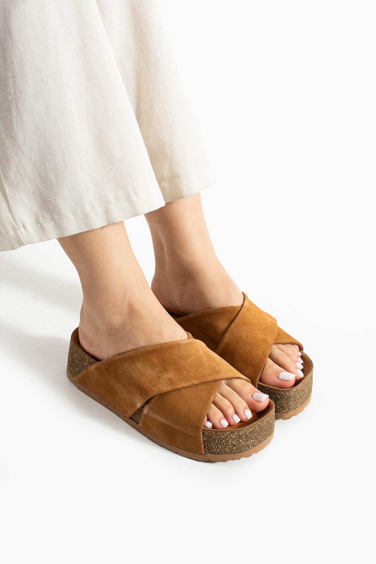 Stato Kalın Taban Kadın Hakiki-Süet Deri Terlik Taba