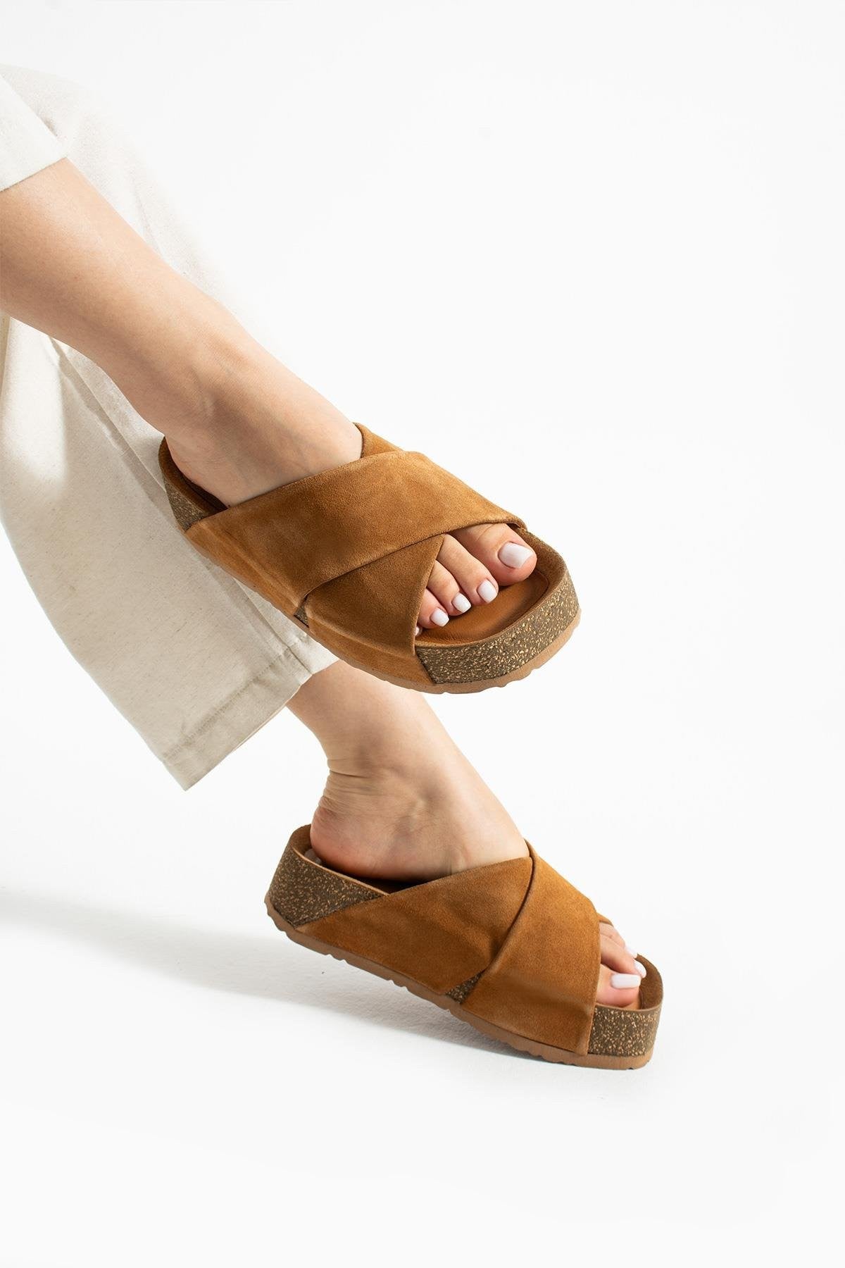 Stato Kalın Taban Kadın Hakiki-Süet Deri Terlik Taba