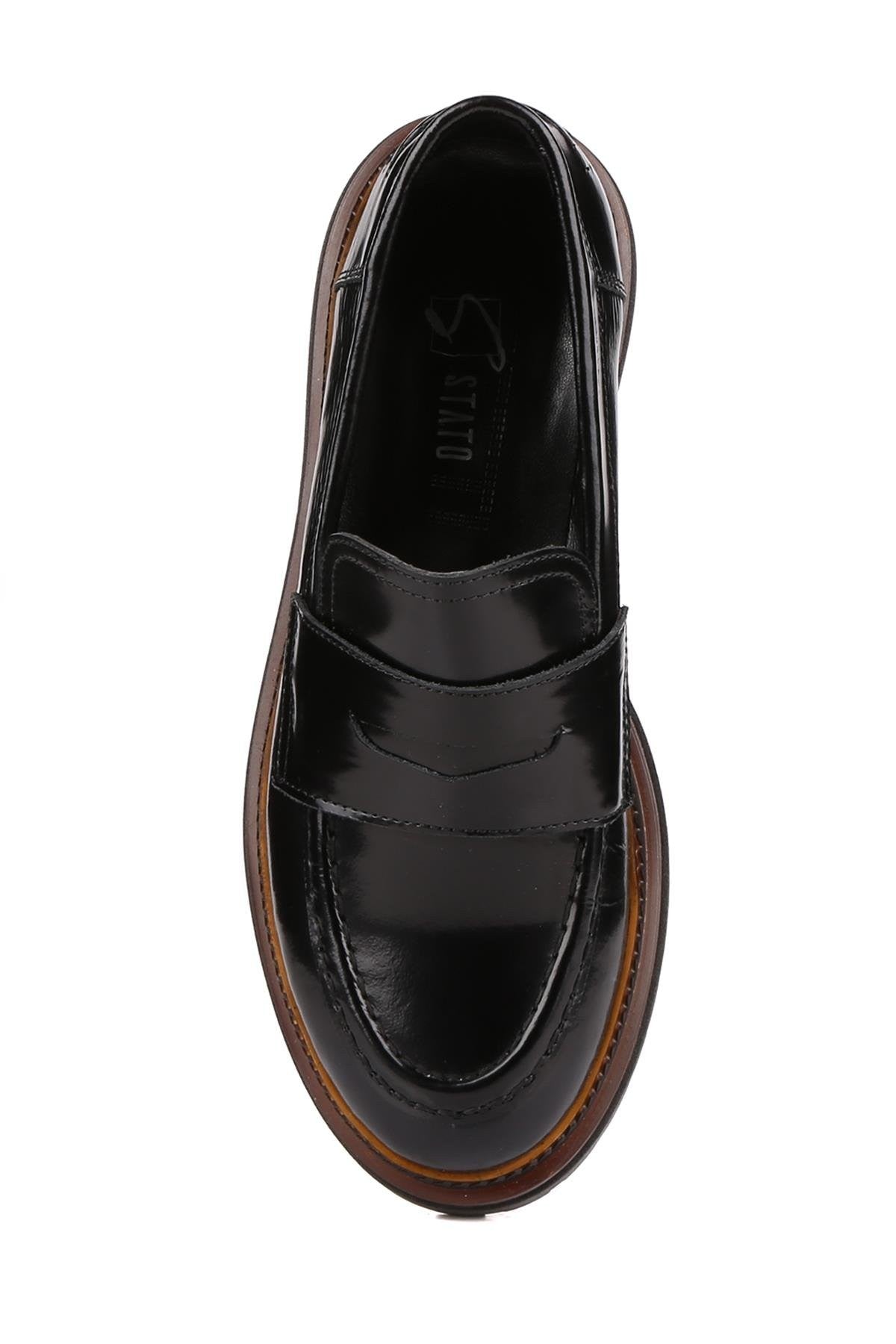 Stato - Siyah Hakiki Açma Deri Kadın Loafer 25-3063-5