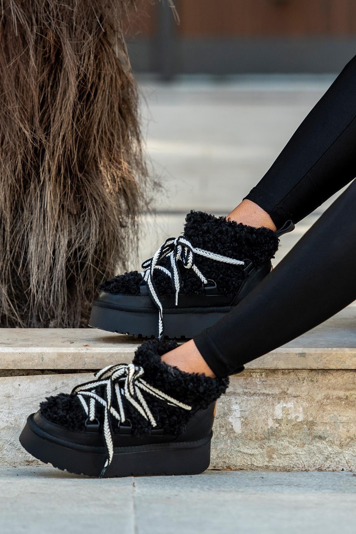 Stato - Siyah Tekstil-Nappa Fermuarsız Kadın Bott