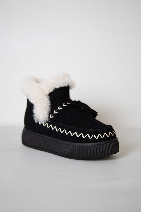 219851142-1P Kadın Yumuşak Rahat Kürklü Bot - Tekstil Süet Kışlık Siyah Bot
