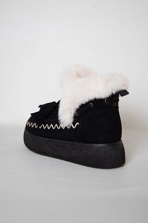 219851142-1P Kadın Yumuşak Rahat Kürklü Bot - Tekstil Süet Kışlık Siyah Bot