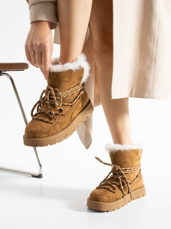 219851141-11 Kadın Yumuşak Rahat Kürklü Bot - Tekstil Süet Kışlık Taba Bot