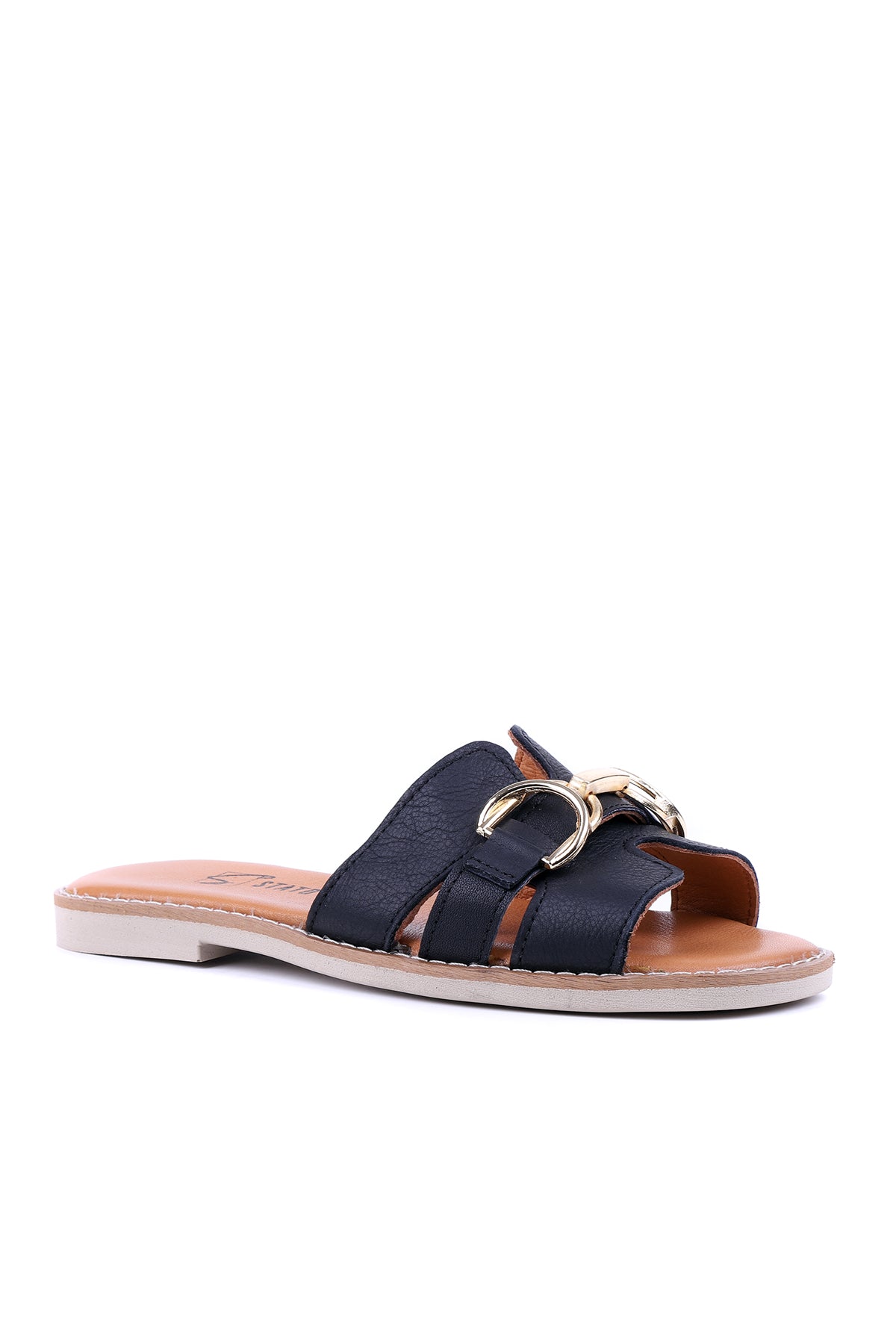Stato Suzy- Hakiki Deri Gold Tokalı Kadın Terlik  Yazlık Günlük Rahat Düz Taban