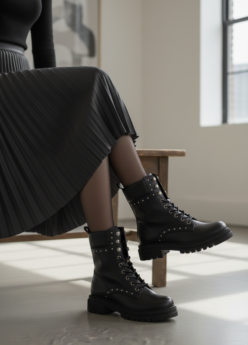 Kadın Siyah Vegan Deri Bot Trok Detaylı Şık Tasarım ve Modern Çizgi