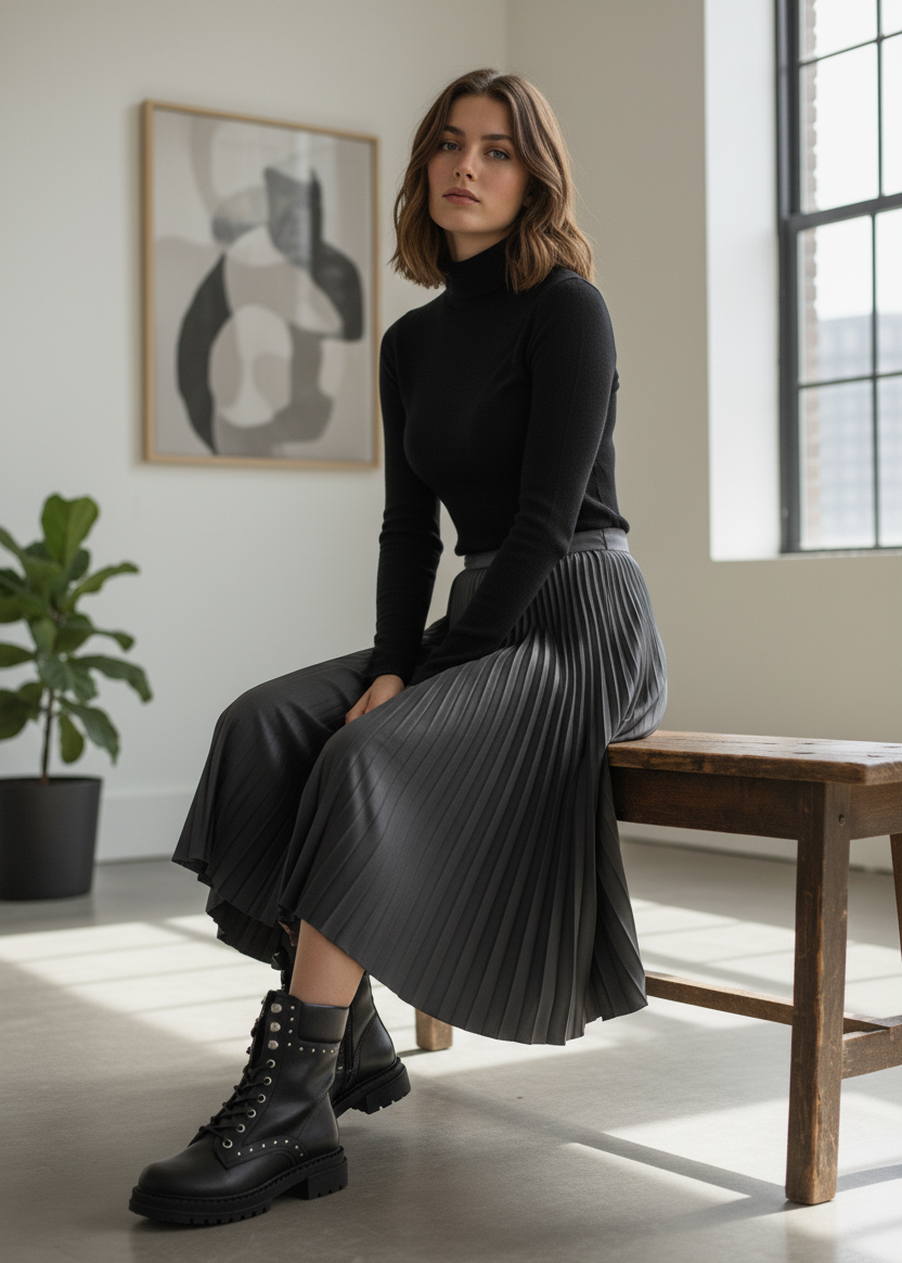 Kadın Siyah Vegan Deri Bot Trok Detaylı Şık Tasarım ve Modern Çizgi