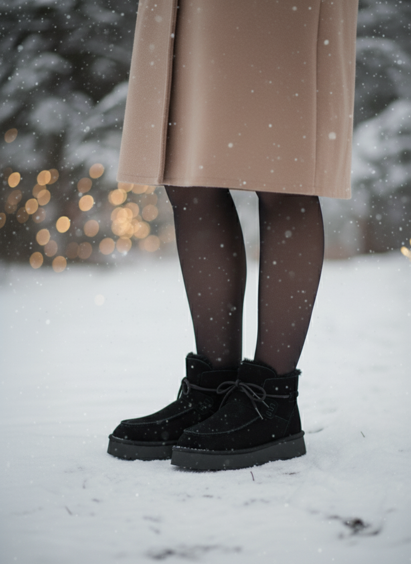 Kadın Siyah Süet Yumuşak Deri Kürklü Kışlık Bağcıklı Bot